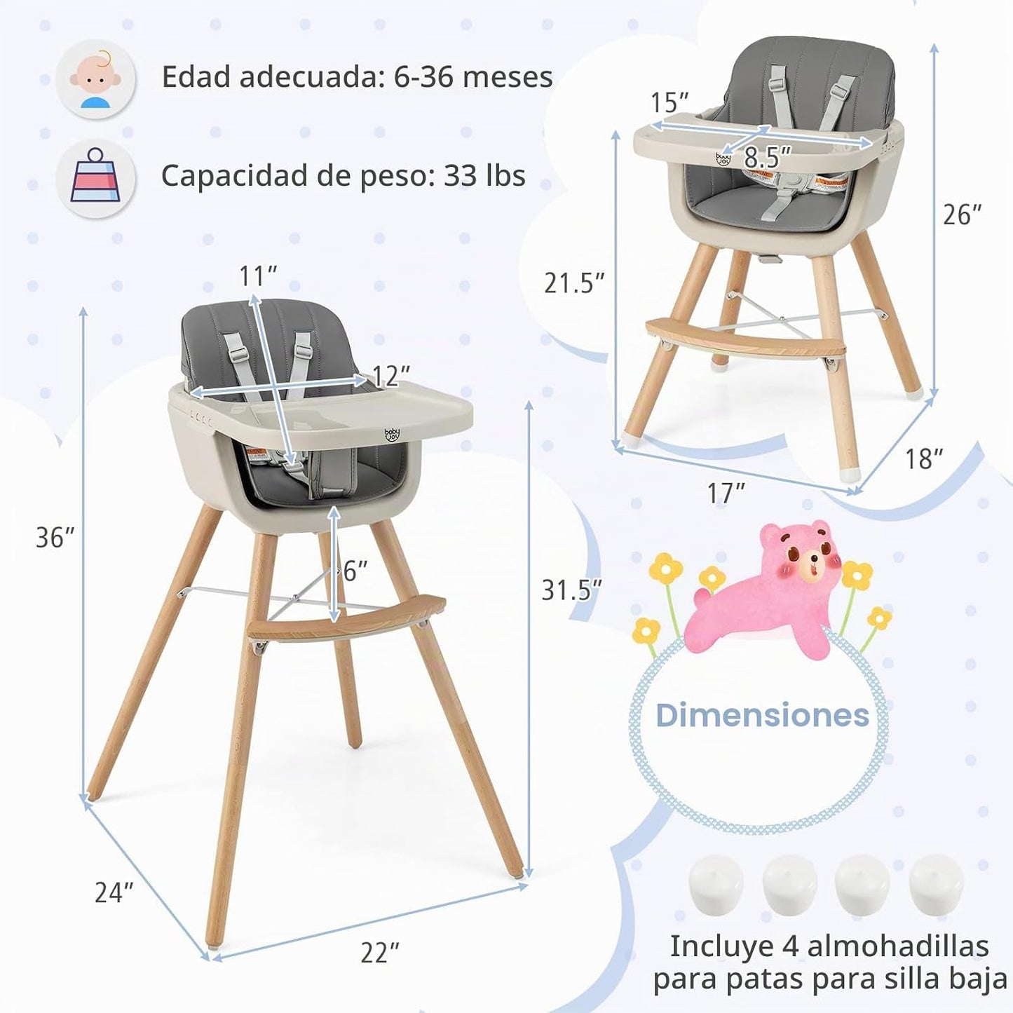 BABY JOY Silla alta para bebé, trona convertible 3 en 1 de madera p...