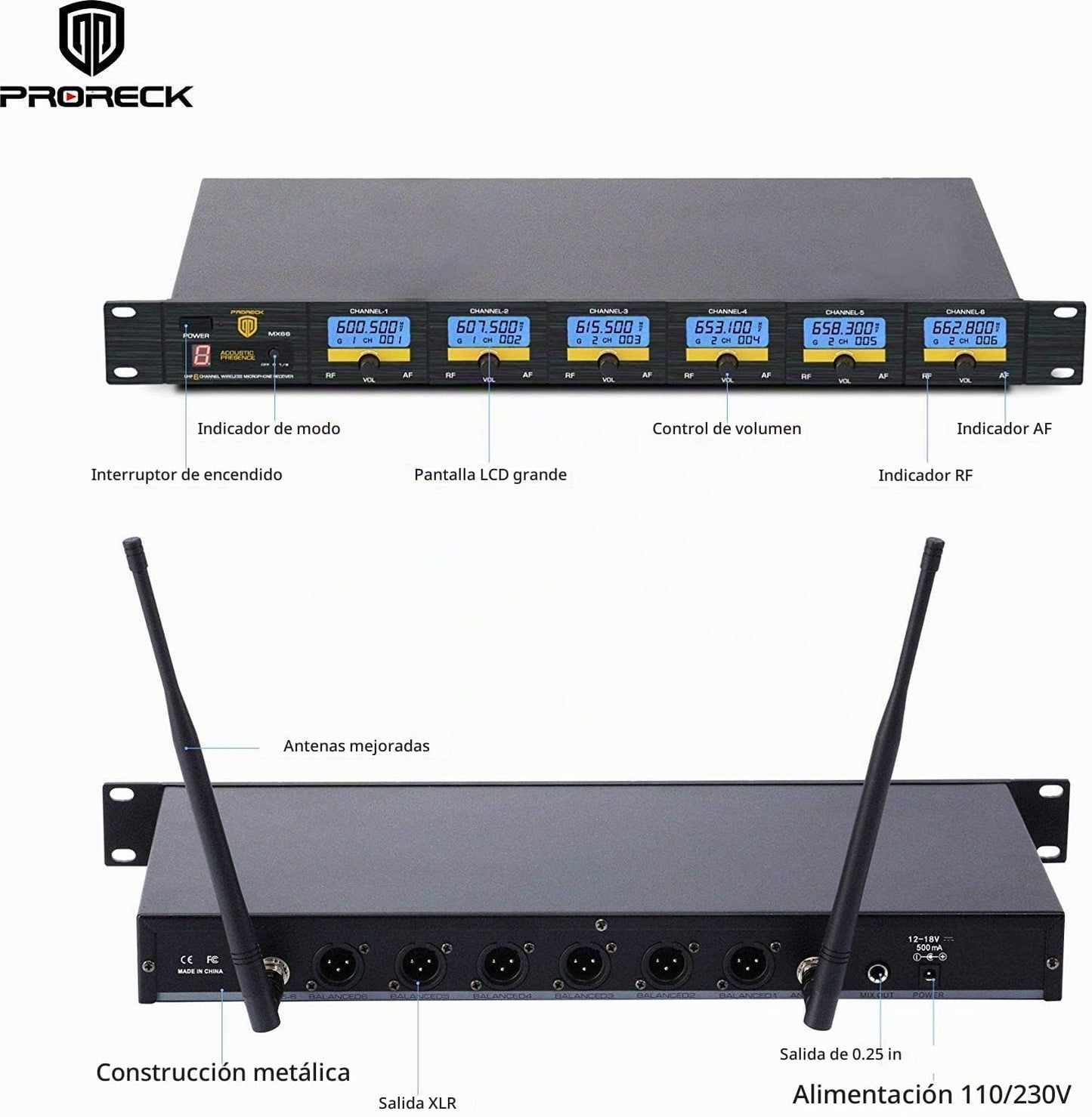 PRORECK MX66 Sistema de Micrófono Inalámbrico UHF de 6 Canales con...