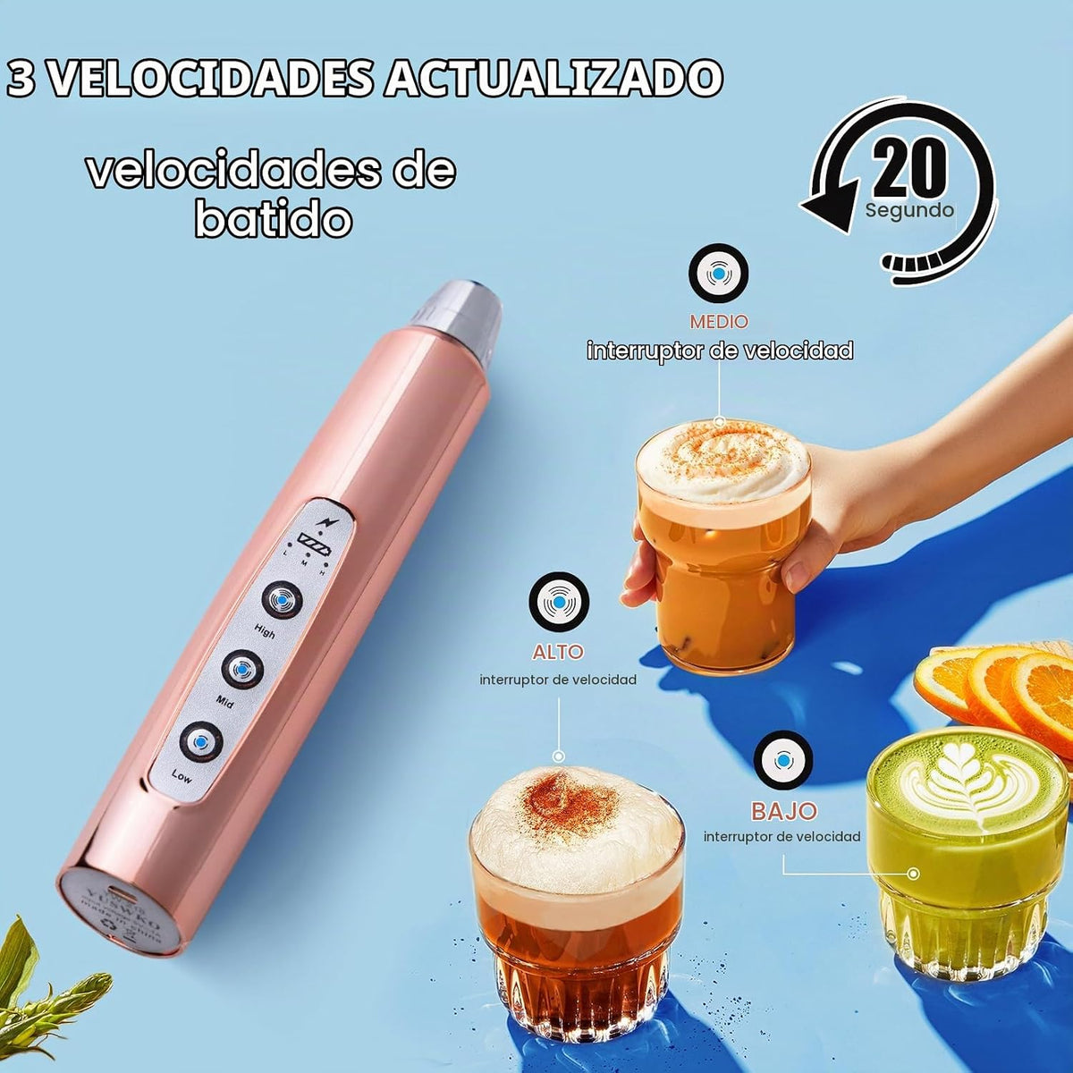 YUSWKO Varita De Espumador De Leche De Mano De Oro Rosa para Café,...