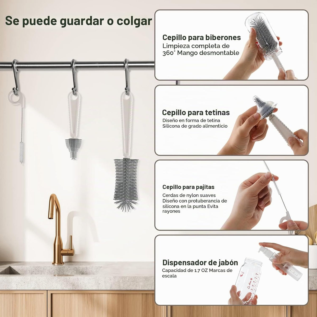 Cepillo para biberones, juego de limpiador de biberones 6 en 1 con...