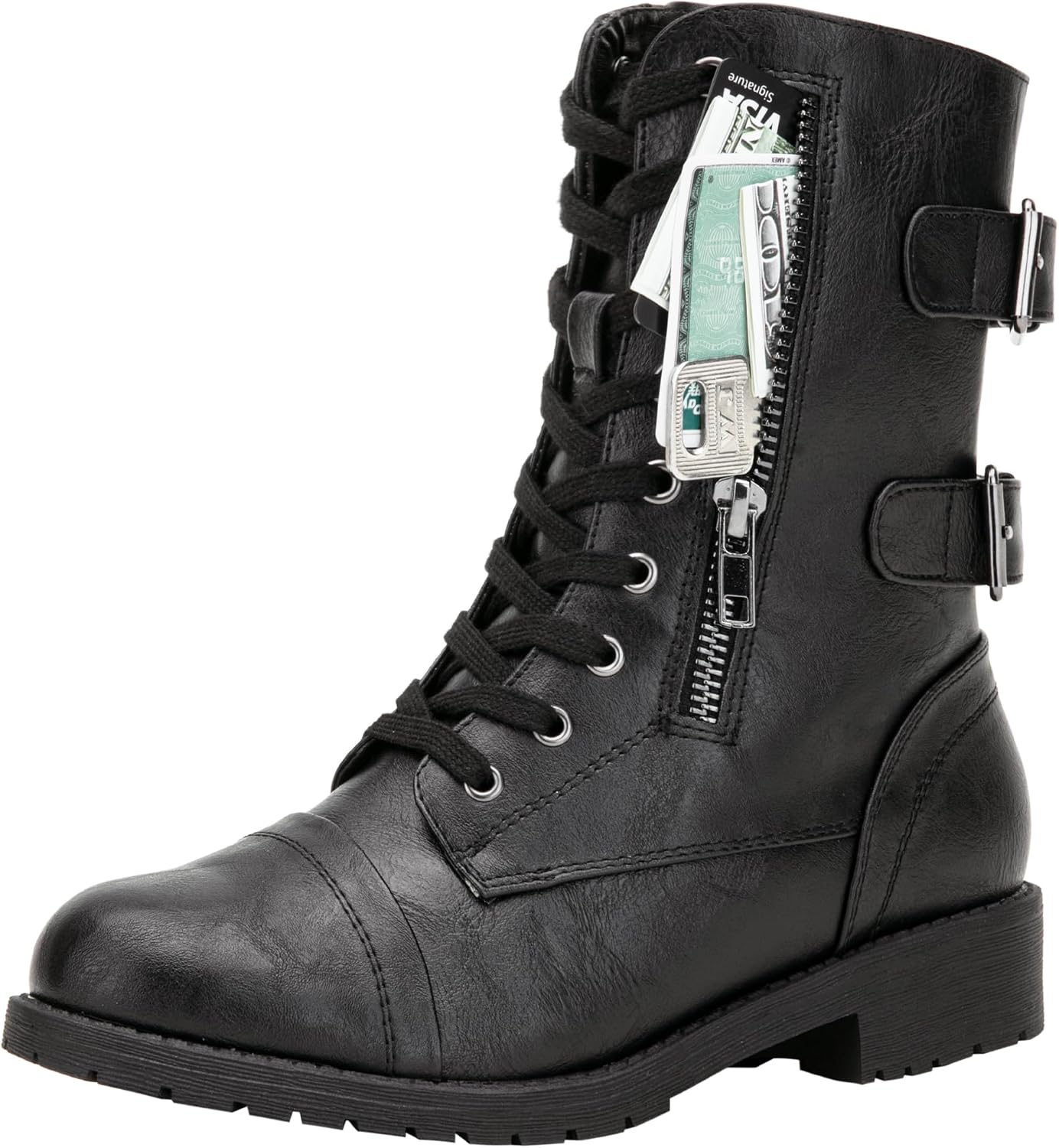 Vepose Botas de combate para mujer, tacón bajo, botas militares a m...