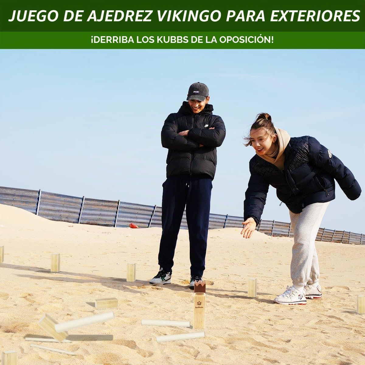 SunNordic Juego de jardín Kubb de madera de caucho con bolsa de tra...