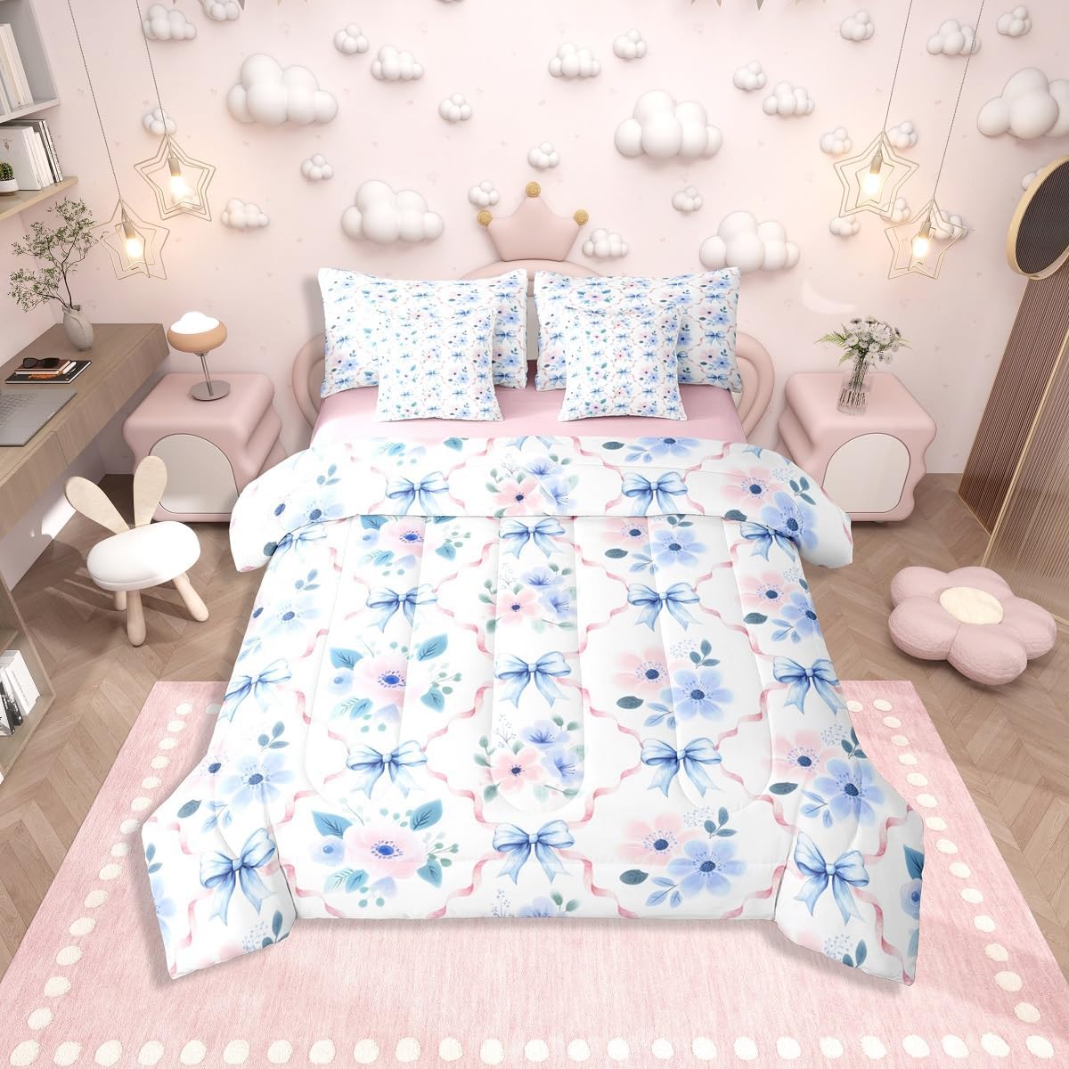 Erosebridal - Juego de edredón con arco azul y rosa de 7 piezas, ju...