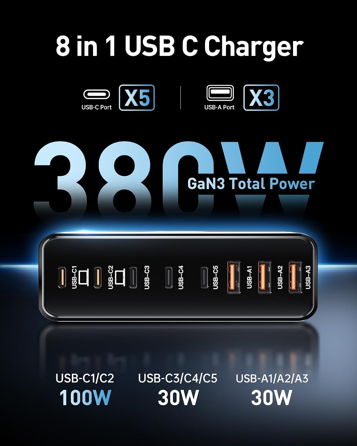 Bloque de cargador USB C de 380 W con 4 cables USB Estación de carg...