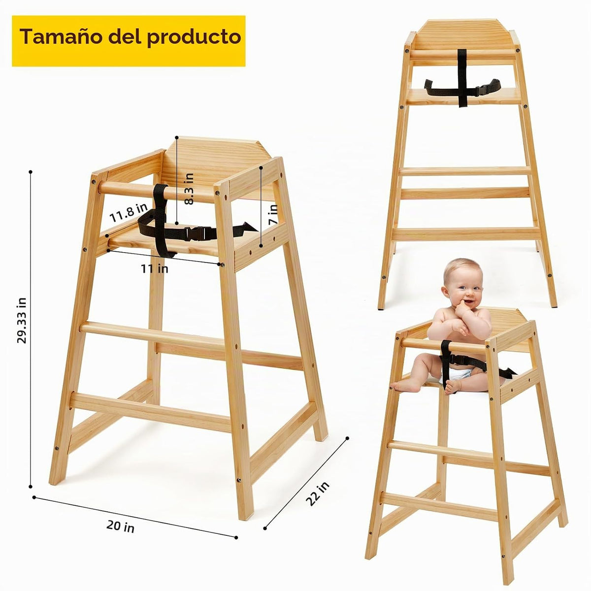 Neoflavie Silla alta de madera para bebés y niños pequeños, natural...