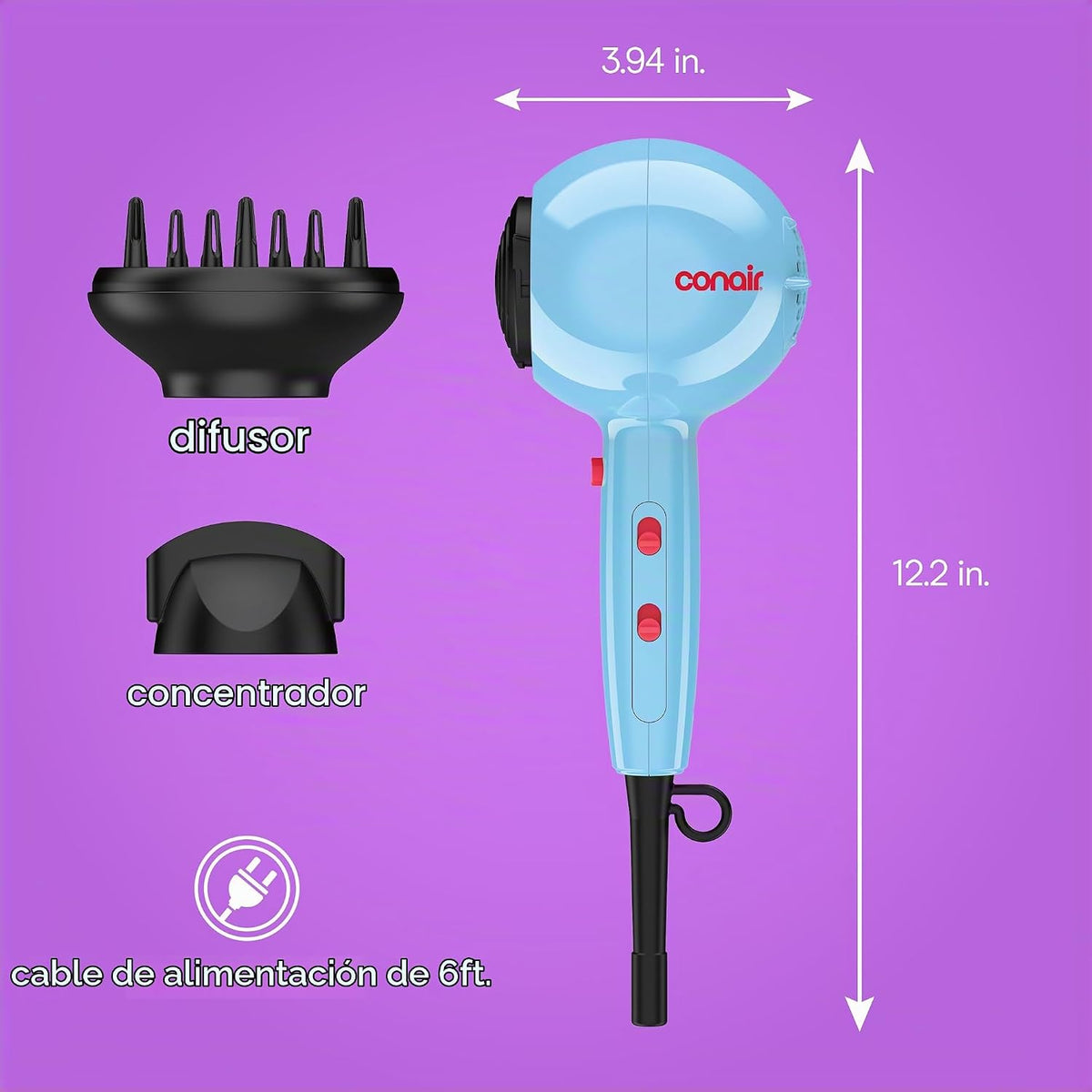 Conair Secador de pelo Cake Pop con accesorios difusores y concentr...