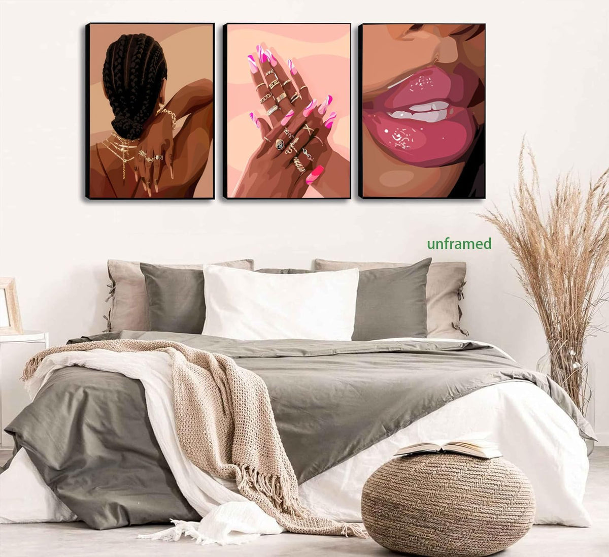 Juego de 3 pósters de pared de niña negra en tonos rosa, arte de pa...