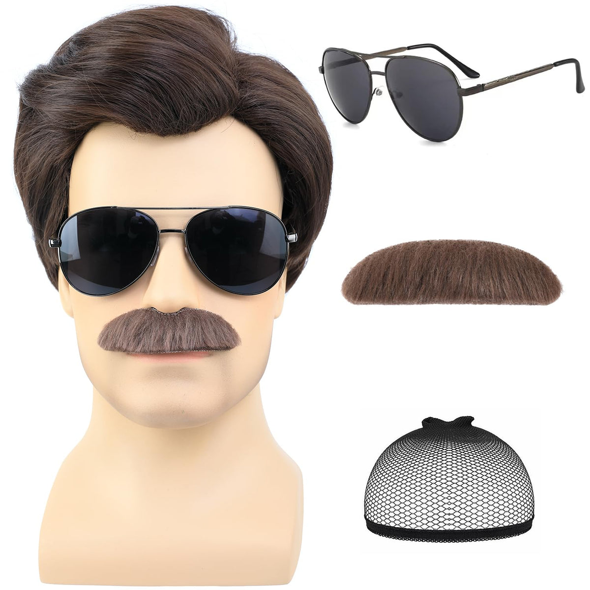 AMZCOS Peluca corta marrón para hombre con Msutache y gafas de sol...