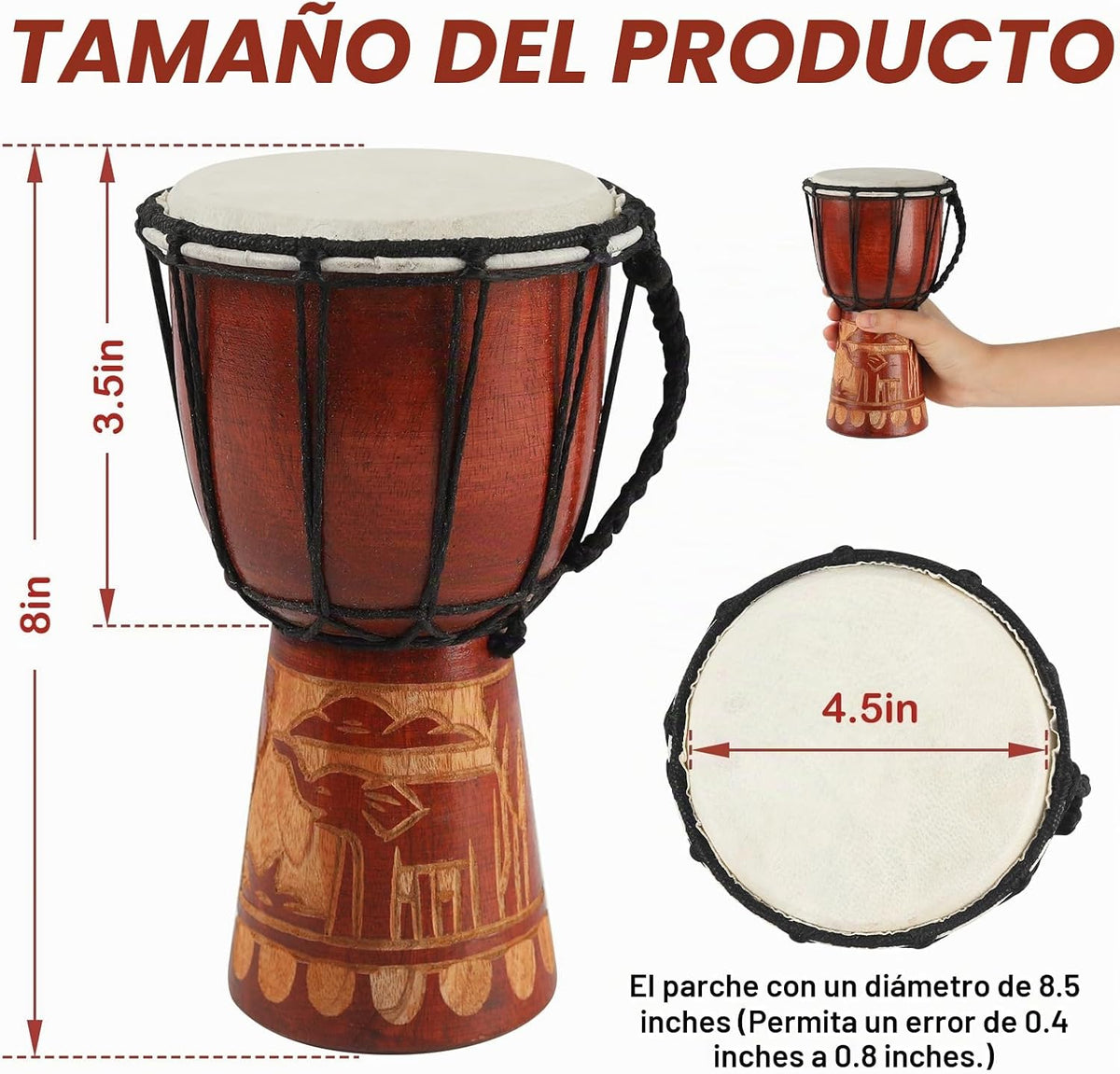 GOGHOST Tambor Djembe de madera, 4.5'' x 8'' Elefan...