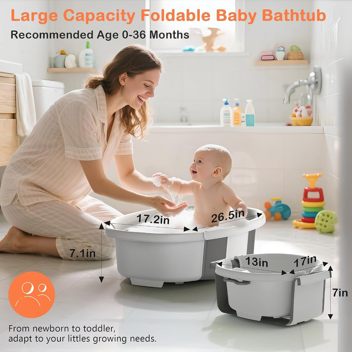 Bañera plegable para bebé - Tina de baño grande para bebé con termó...