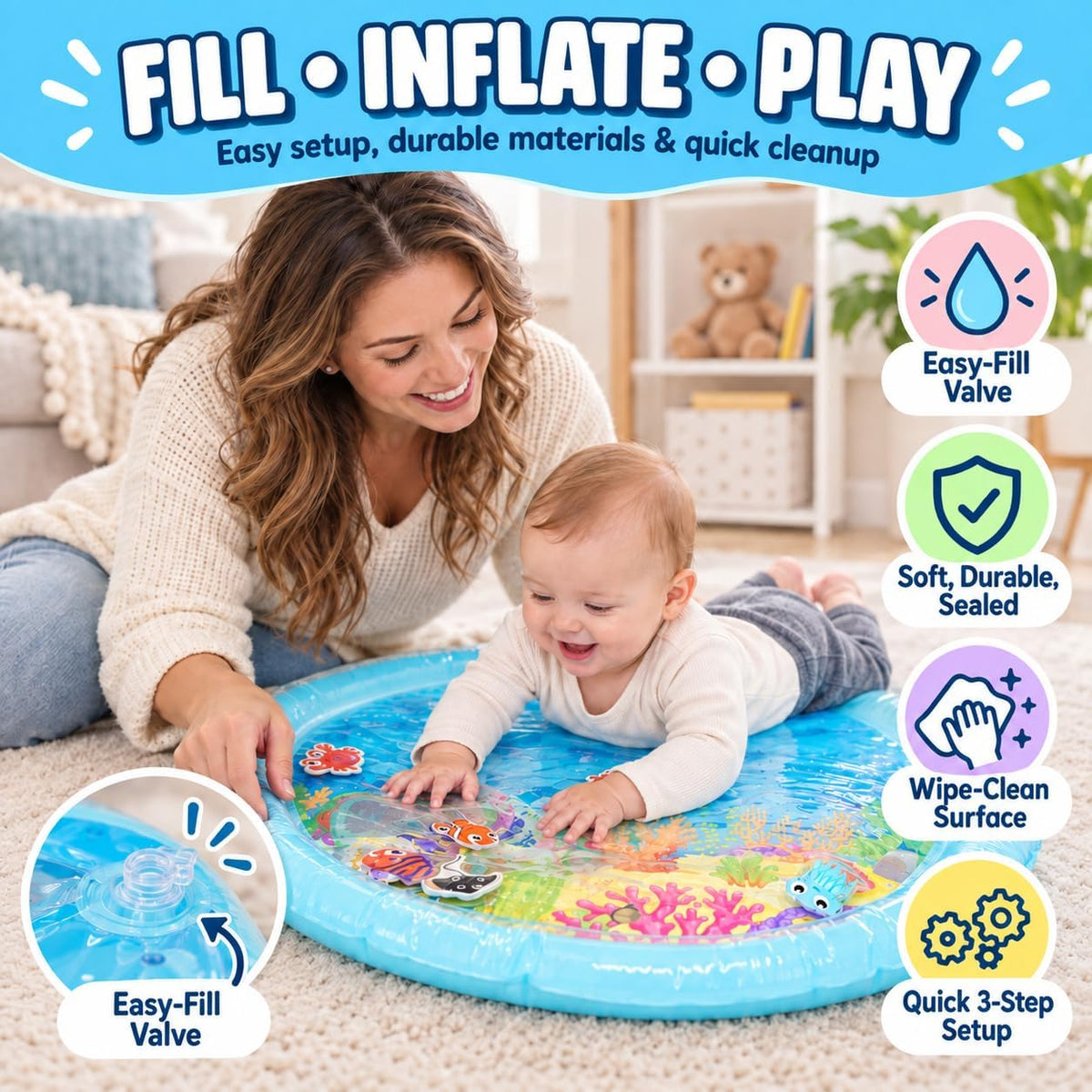 SplashEZ Alfombra de agua para tiempo boca abajo con luces para beb...