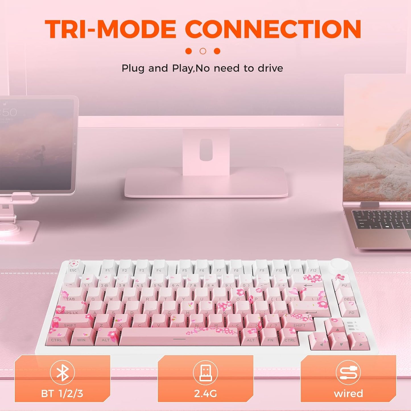 DAREU EK75PRO Teclado Mecánico Inalámbrico Rosa Sakura, 75% Hot Swa...