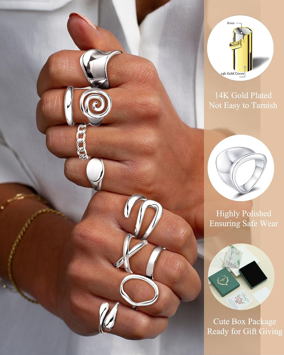 ZHESHY Anillos gruesos de oro para mujer, sin deslustre, chapados e...