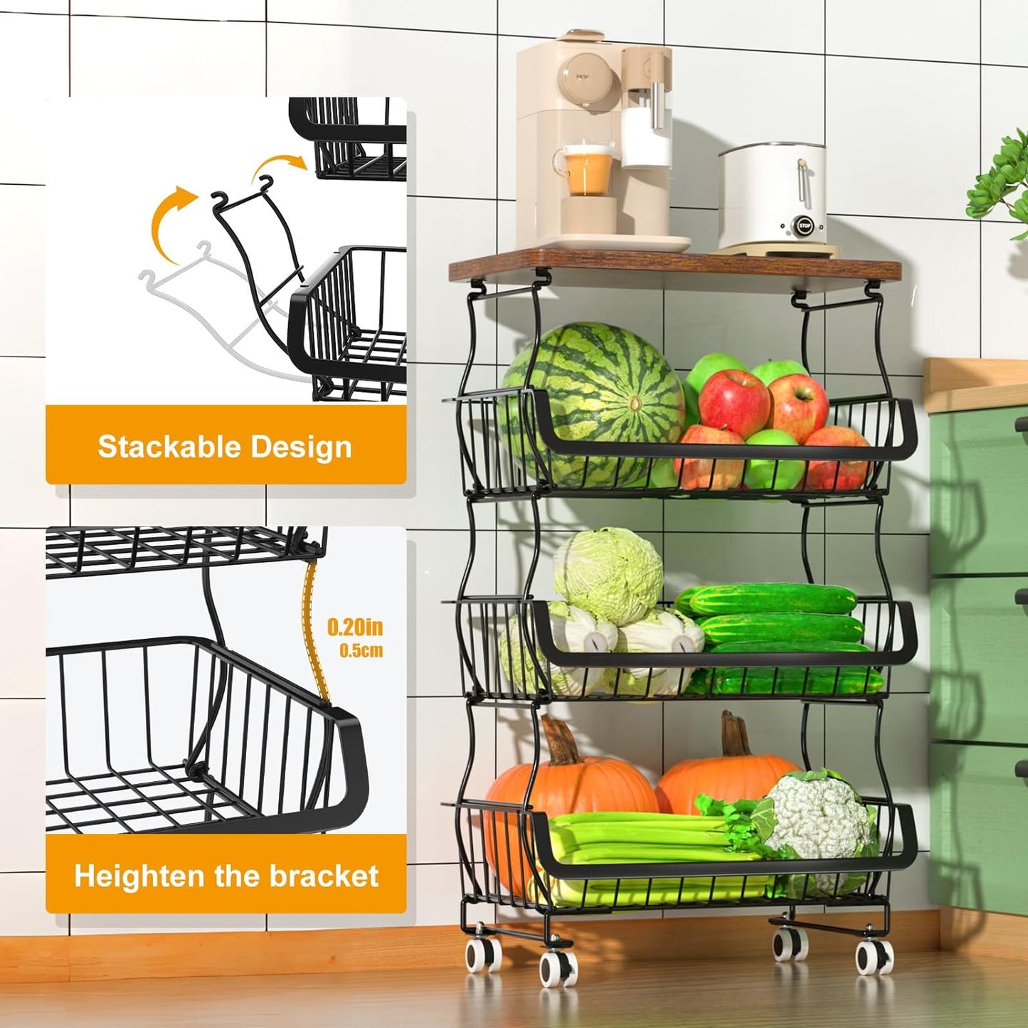 Gsiekare Cesta de frutas y verduras de 4 niveles para cocina con ru...