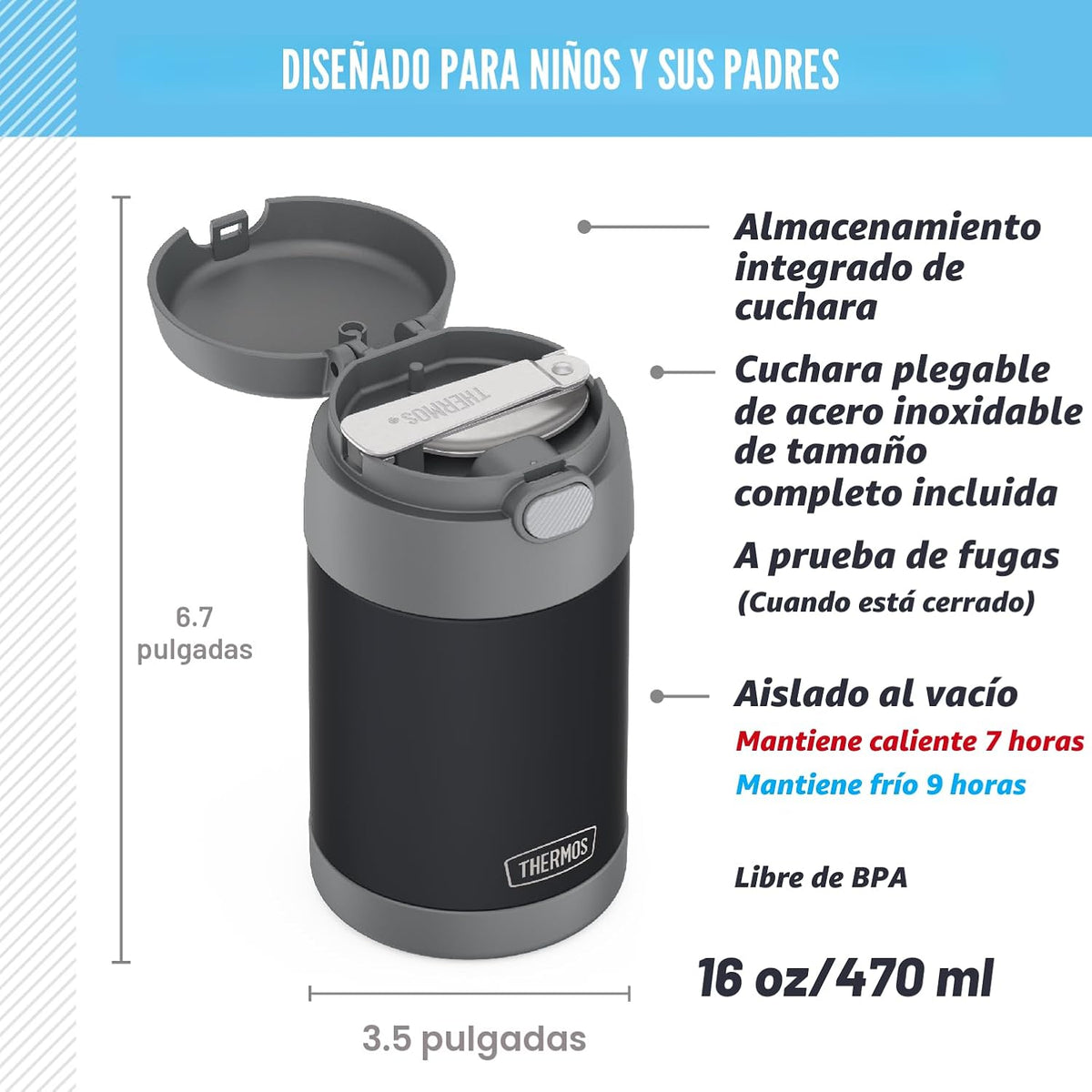 THERMOS FUNTAINER - Tarro de comida con cuchara, 16 onzas, carbón m...