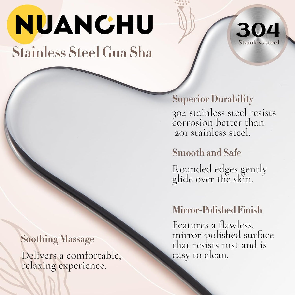 Nuanchu Herramienta facial Gua Sha de acero inoxidable 304, plata,...