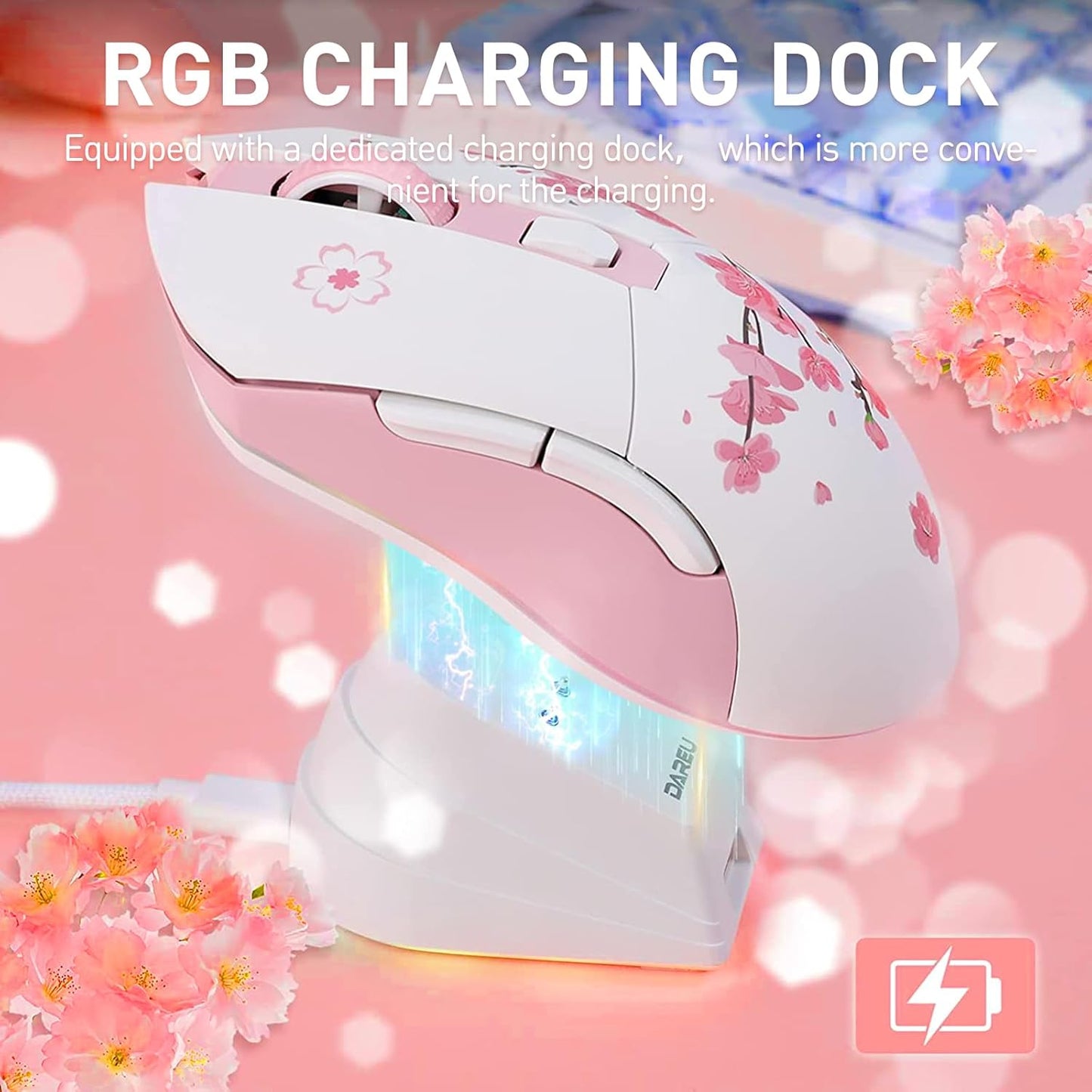 DAREU Ratón inalámbrico Sakura rosa para juegos con base de carga r...