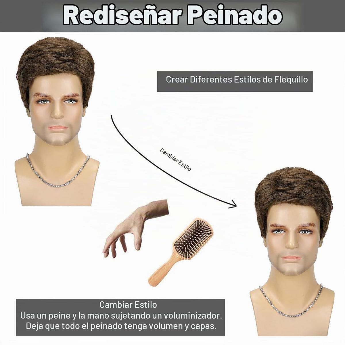 DDHAIR Peluca corta marrón para hombre, peluca esponjosa en capas n...