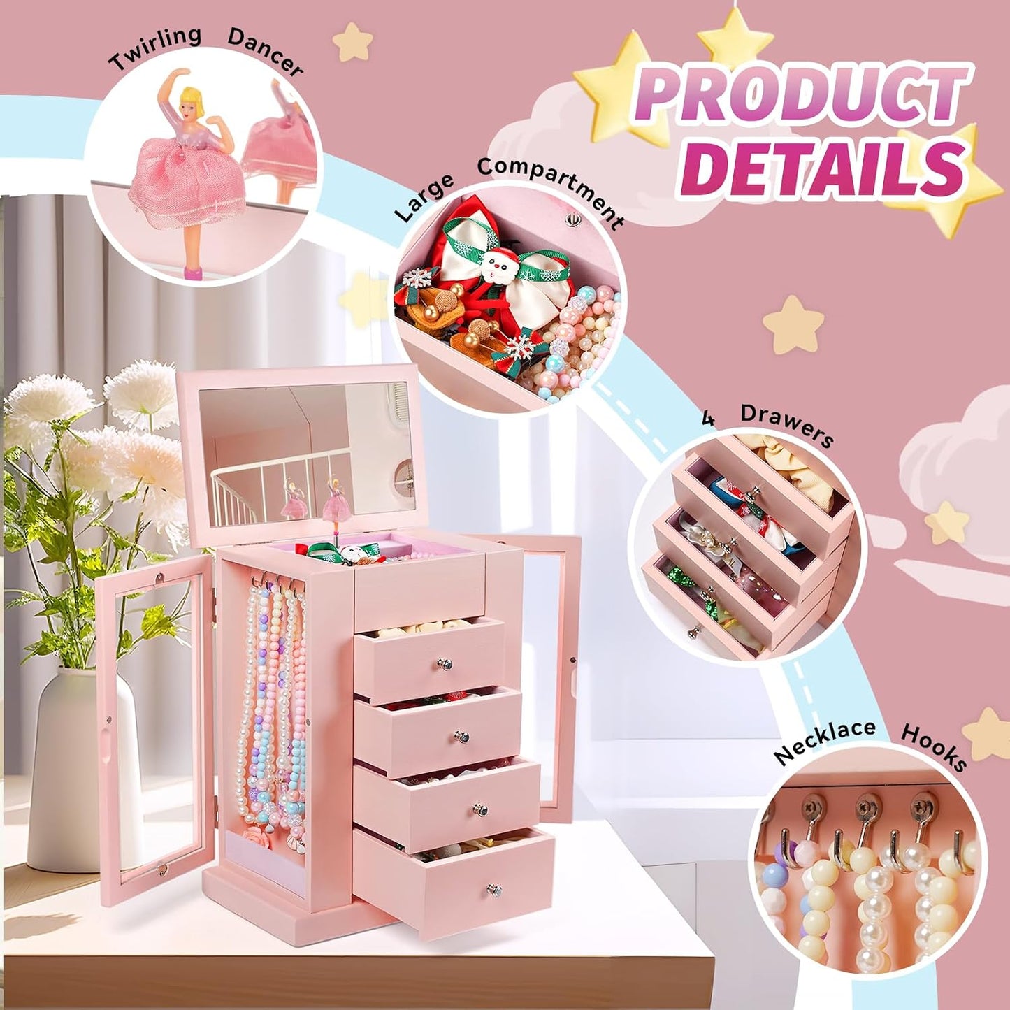 Caja de Joyería Emfogo para Niñas, Caja de Joyería Musical con Bail...