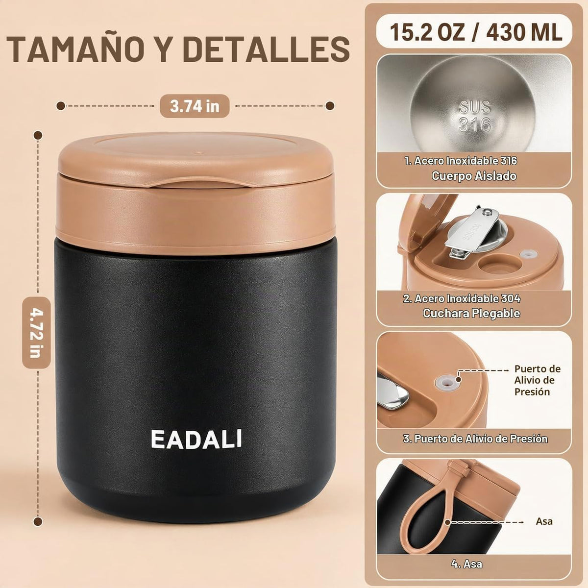 Eadali Tarro térmico para alimentos de 15.2 onzas para niños y adul...
