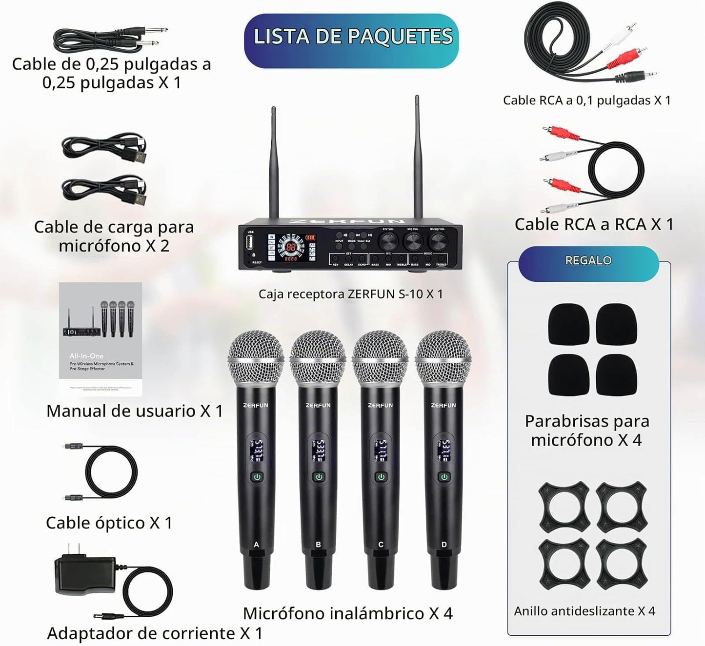 ZERFUN Pro - Sistema de micrófono inalámbrico de 4 canales recargab...