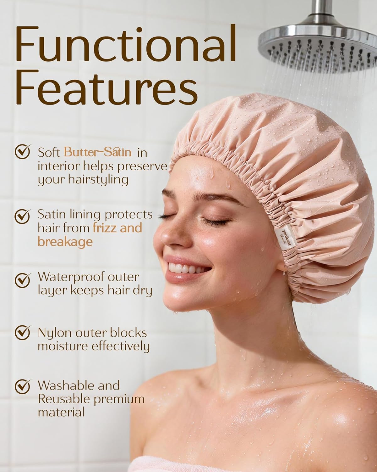Yanibest - Gorro de ducha con forro de satén, para mujer, reutiliza...