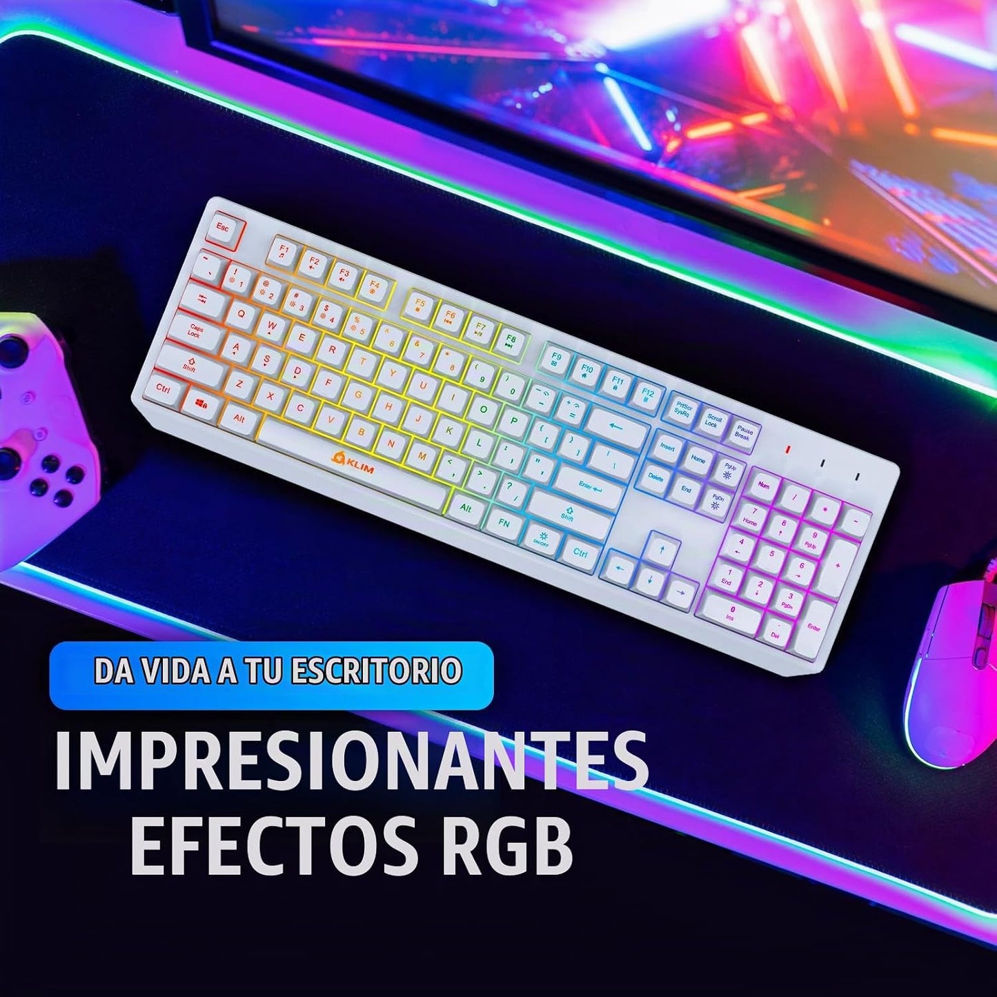 Teclado inalámbrico KLIM Chroma Blanco \u2013 Retroiluminación RGB,...
