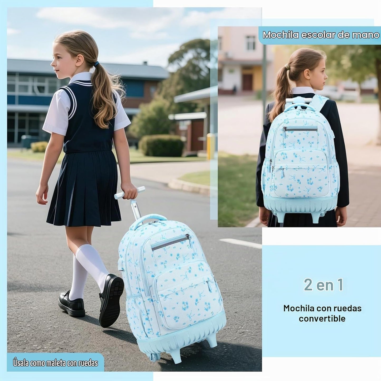 ACESAK Mochila con ruedas para niñas, mochila escolar con ruedas en...