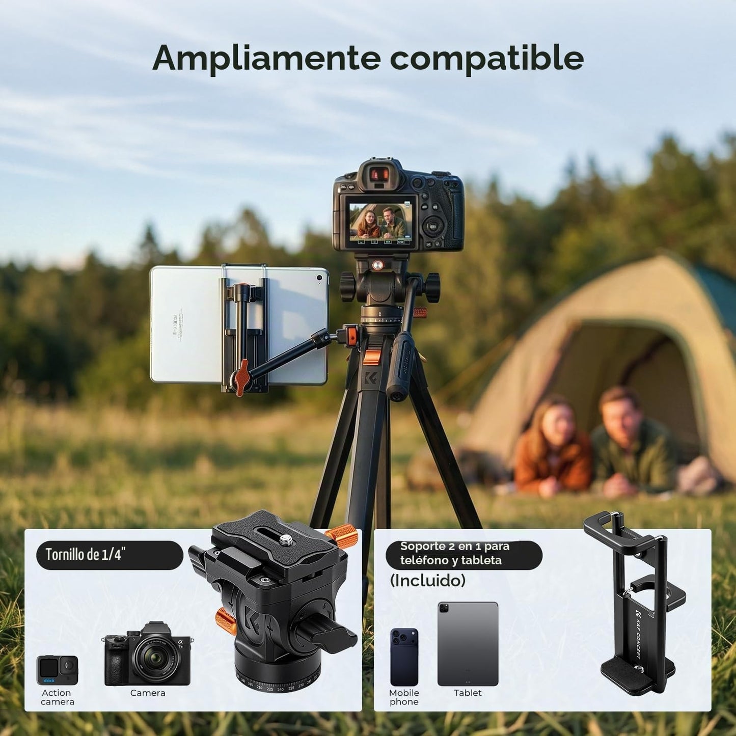 K&amp;F CONCEPT Trípode de cámara de 63 pulgadas con cabezal fluido...