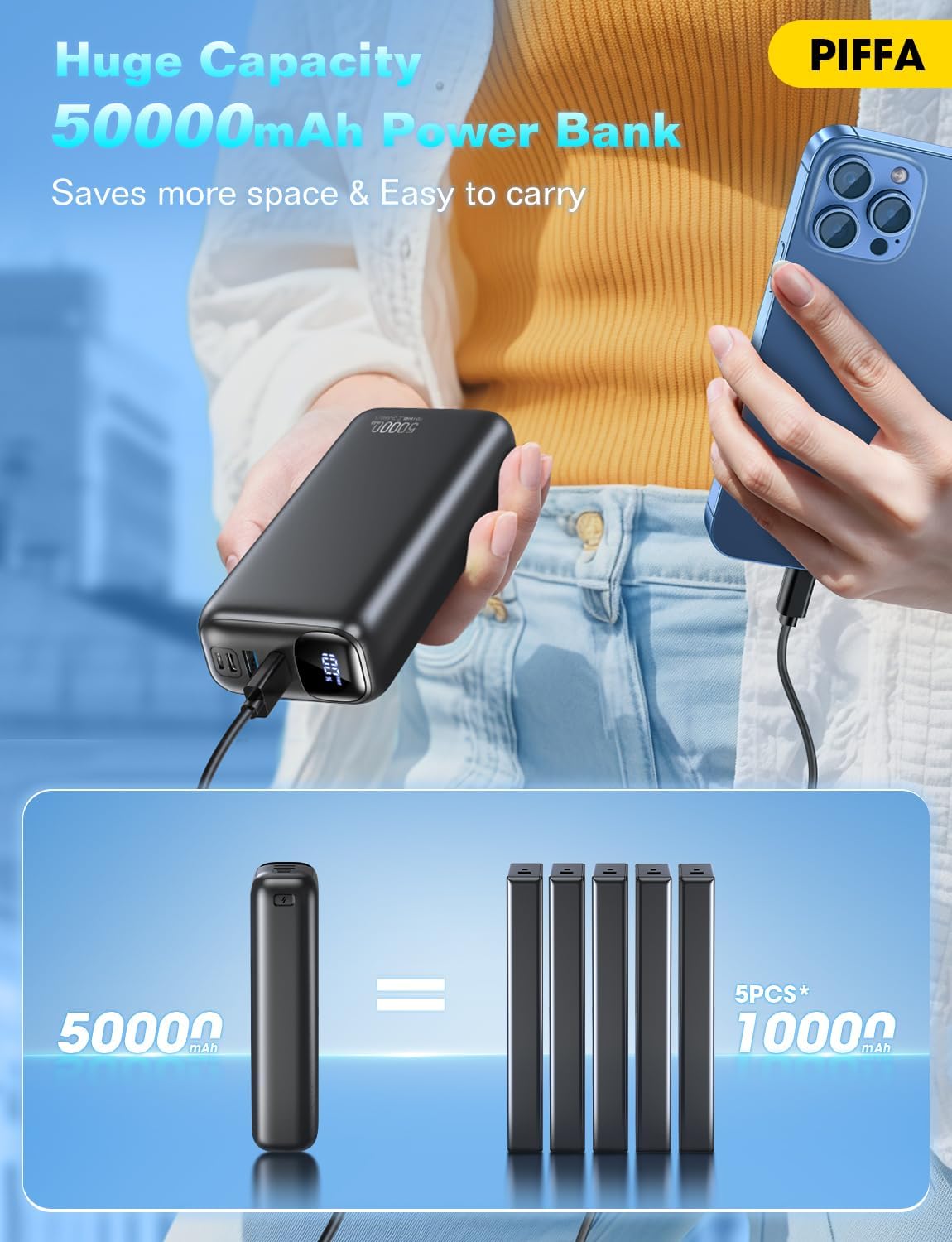PIFFA Cargador portátil de batería de 50000 mAh, batería de carga r...
