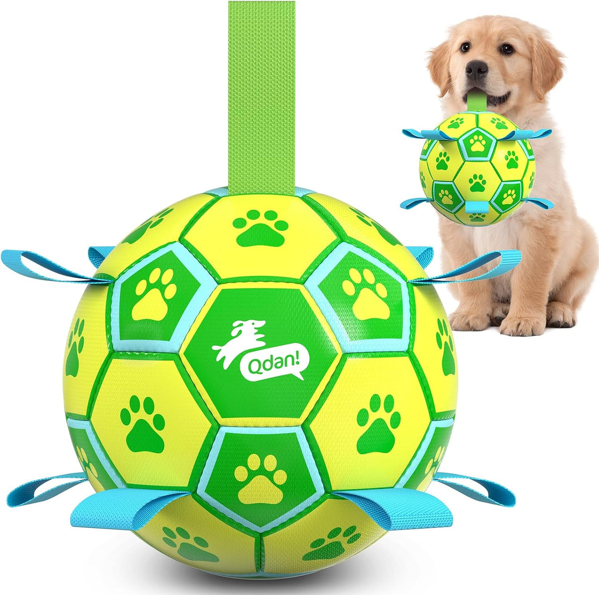 QDAN - Pelota de fútbol para perros, juguete de tirar para perros,...