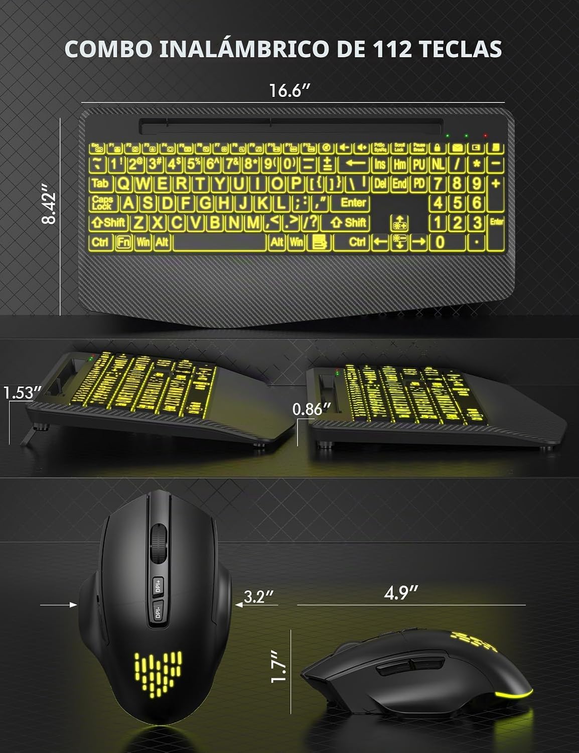 Teclado y ratón inalámbricos retroiluminados, reposamuñecas, ratón...