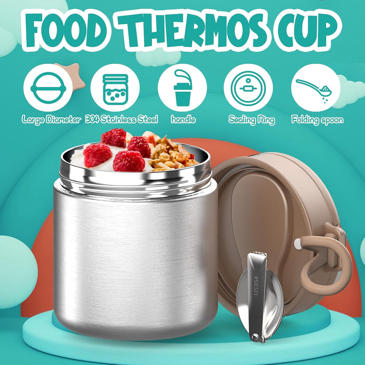Termo para niños de comida caliente - 15.2oz con cuchara plegable y...