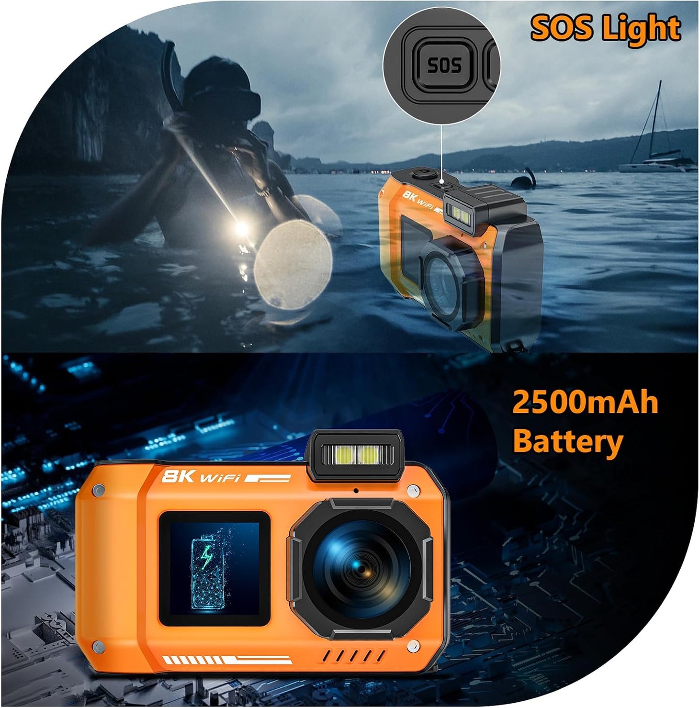 Cámara subacuática 8K, cámara digital impermeable WiFi de 70MP 33FT...
