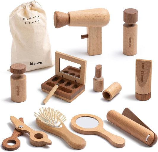 kienvy Juego de 11 juguetes de maquillaje de madera para niñas, kit...