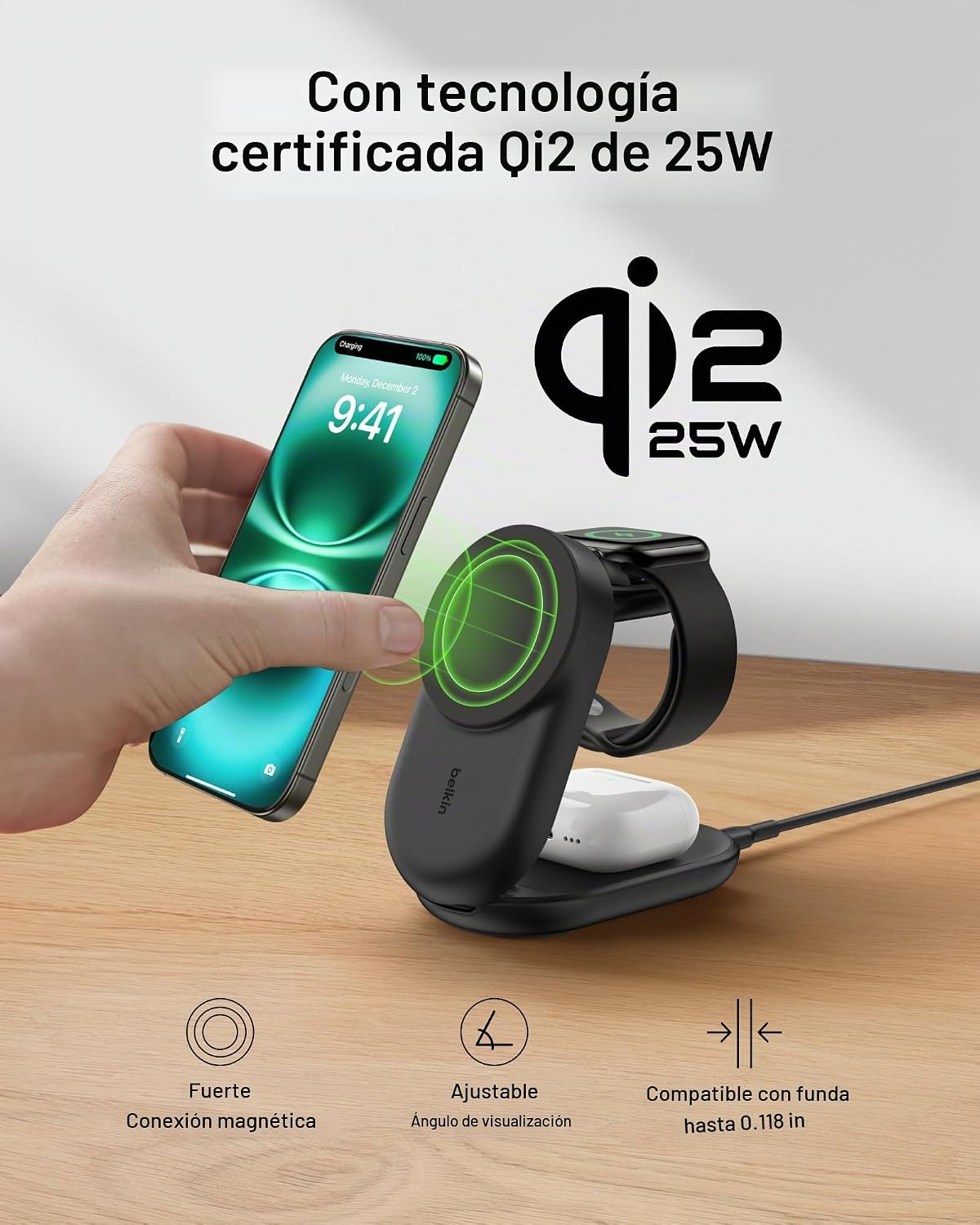 Belkin Qi2.2 25W inalámbrico 3 en 1 estación de carga rápida plegab...