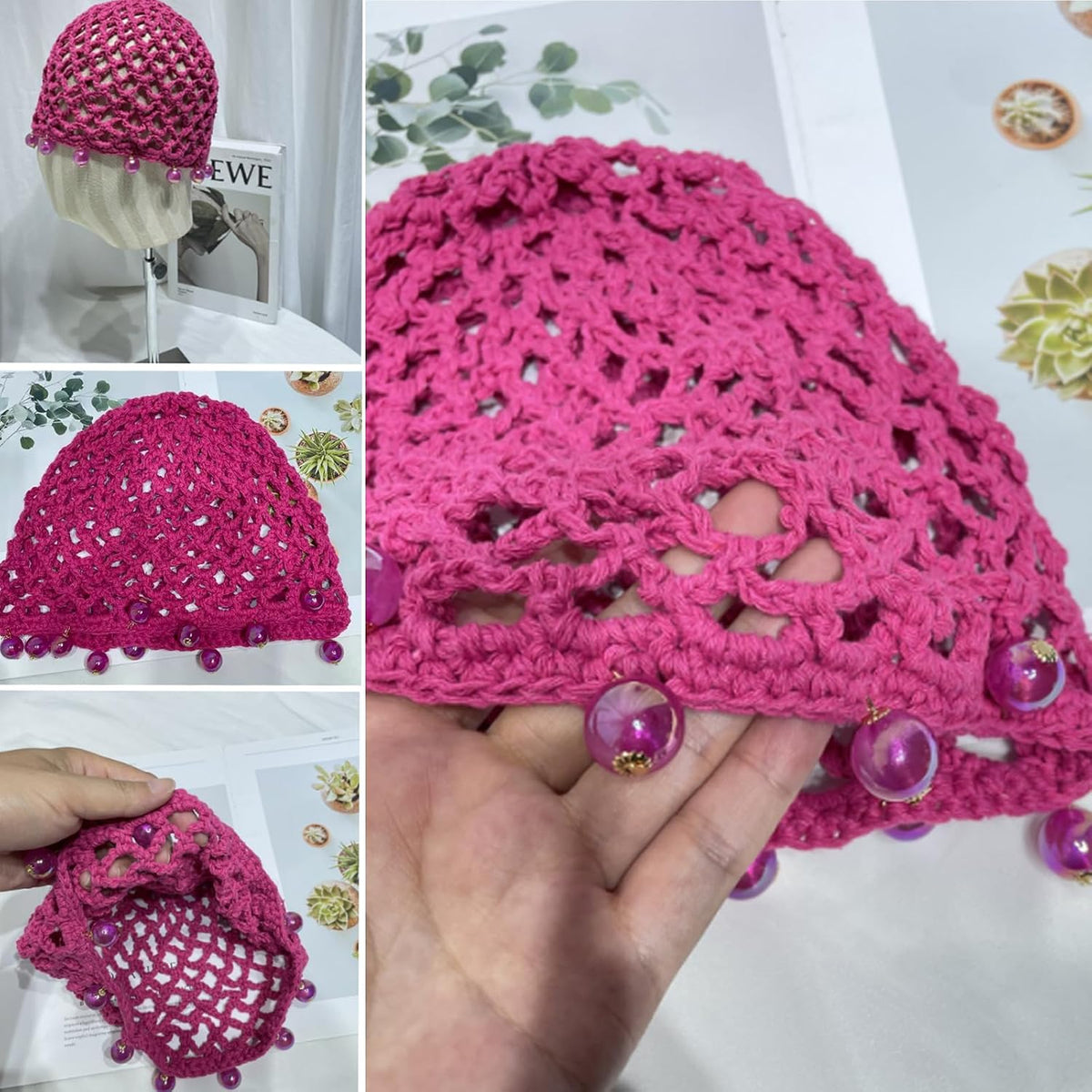 AsggBah 1 gorra de malla de pelo de ganchillo rosa con perlas de pu...