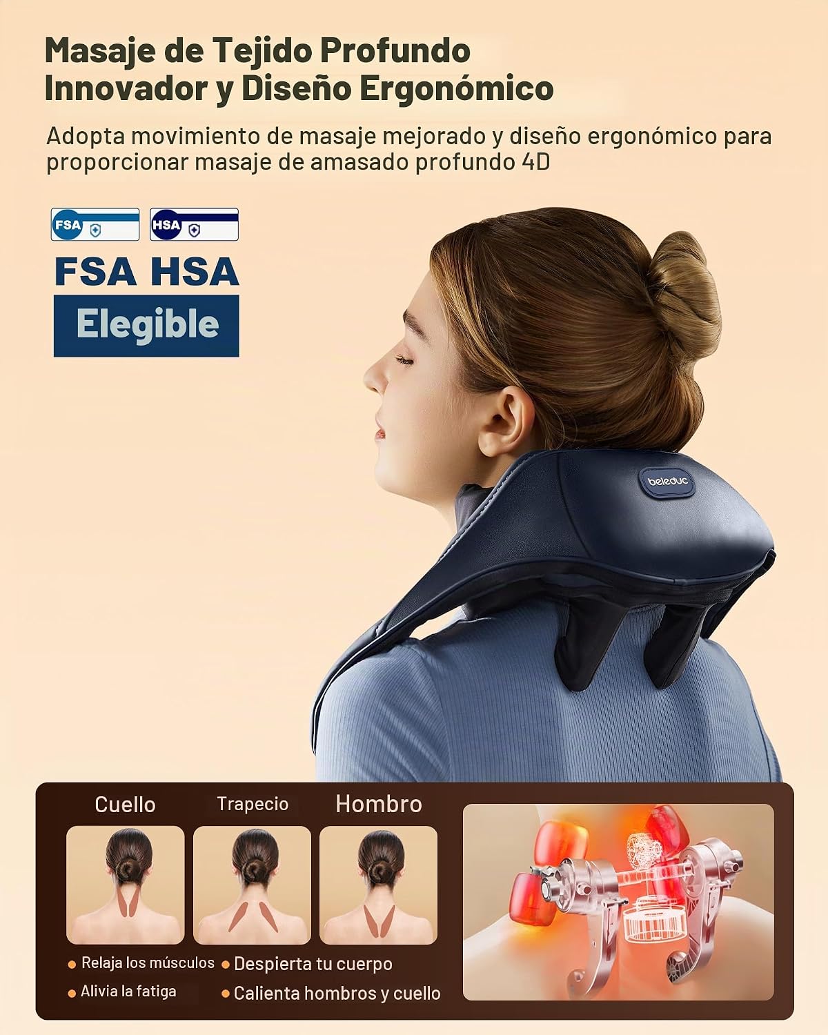 Beleduc Masajeador de cuello inalámbrico con calor, HSA elegible pa...