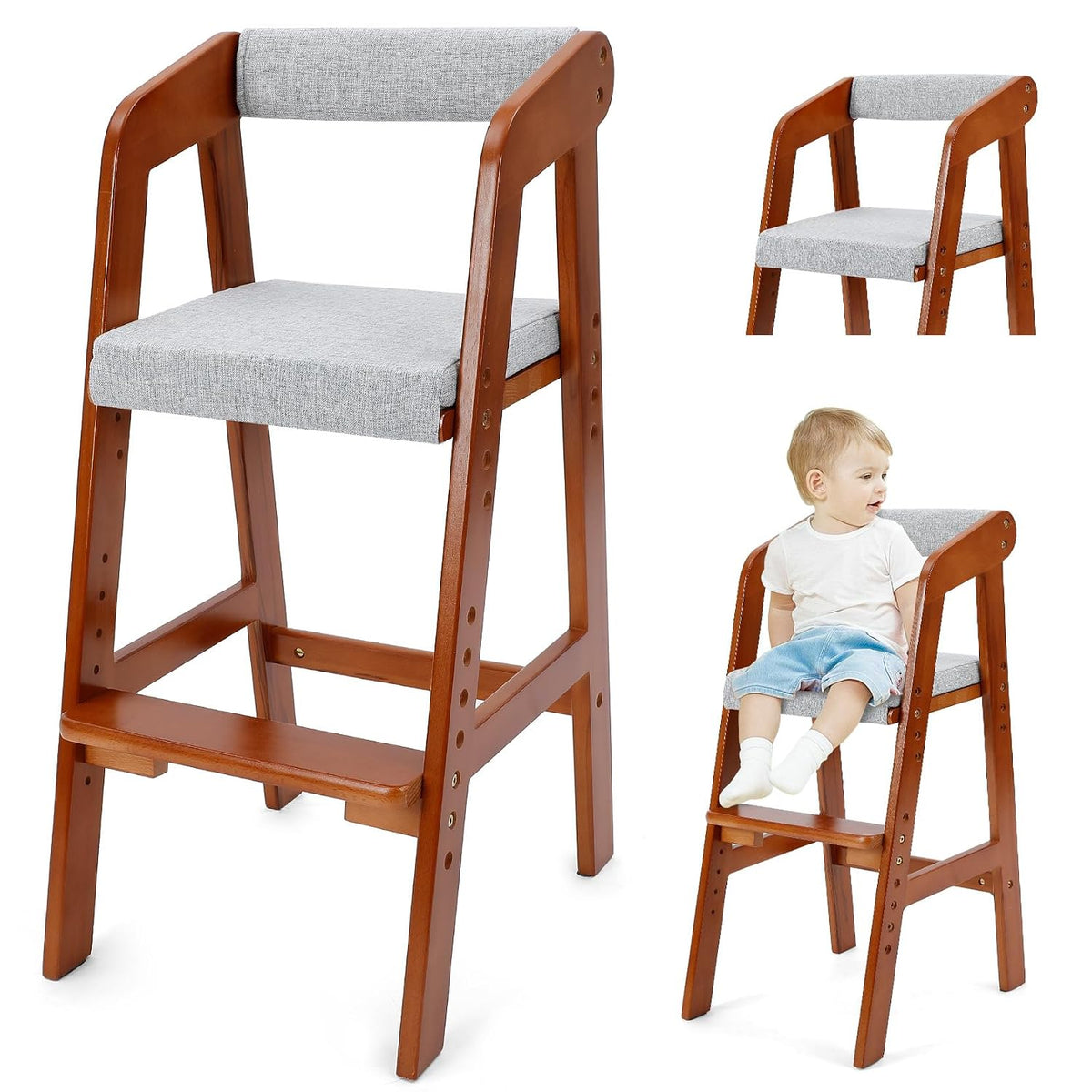 Silla alta de madera para niños pequeños, silla de comedor ajustabl...