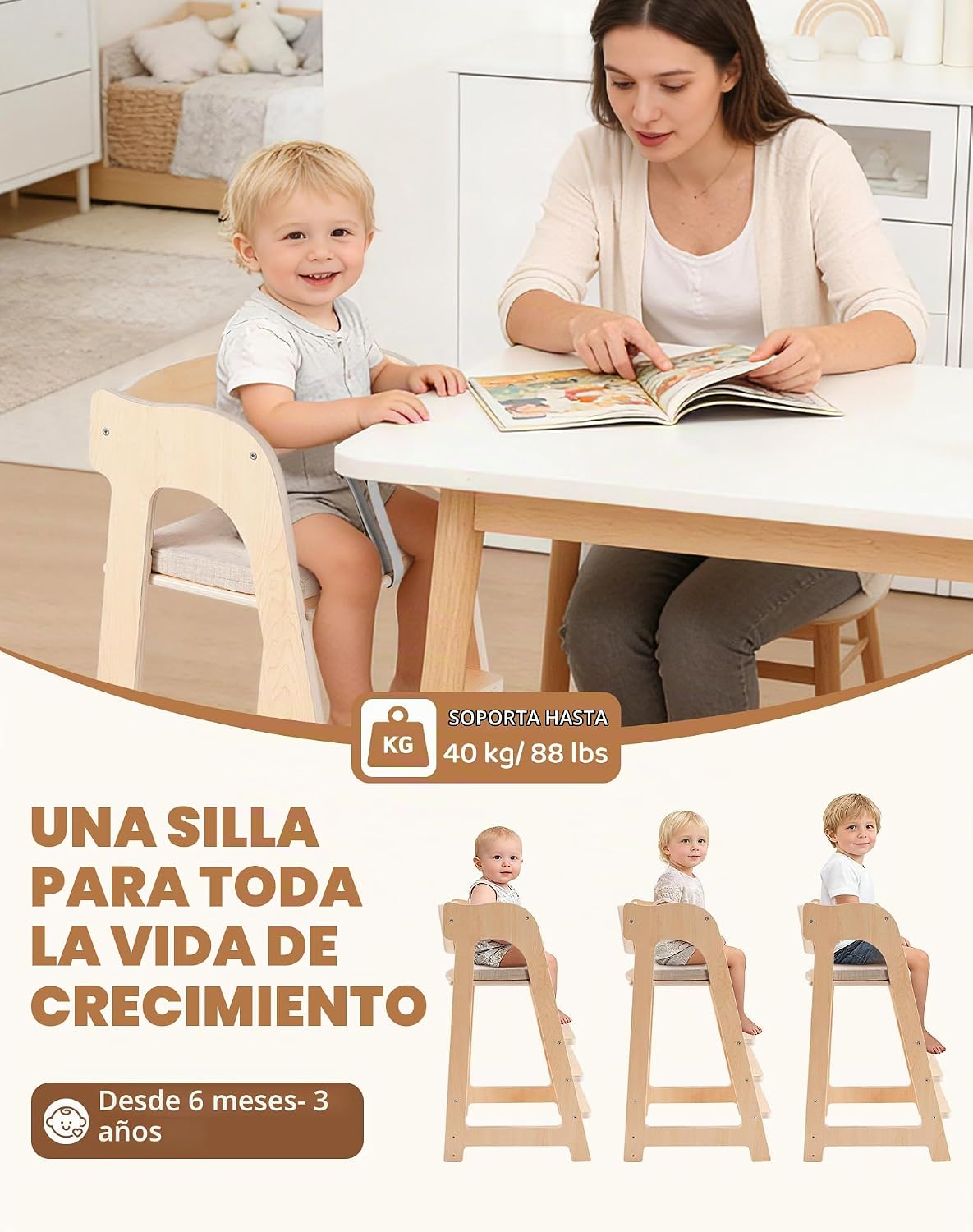 ROBUD Silla alta de madera para niños pequeños, trona para altura a...