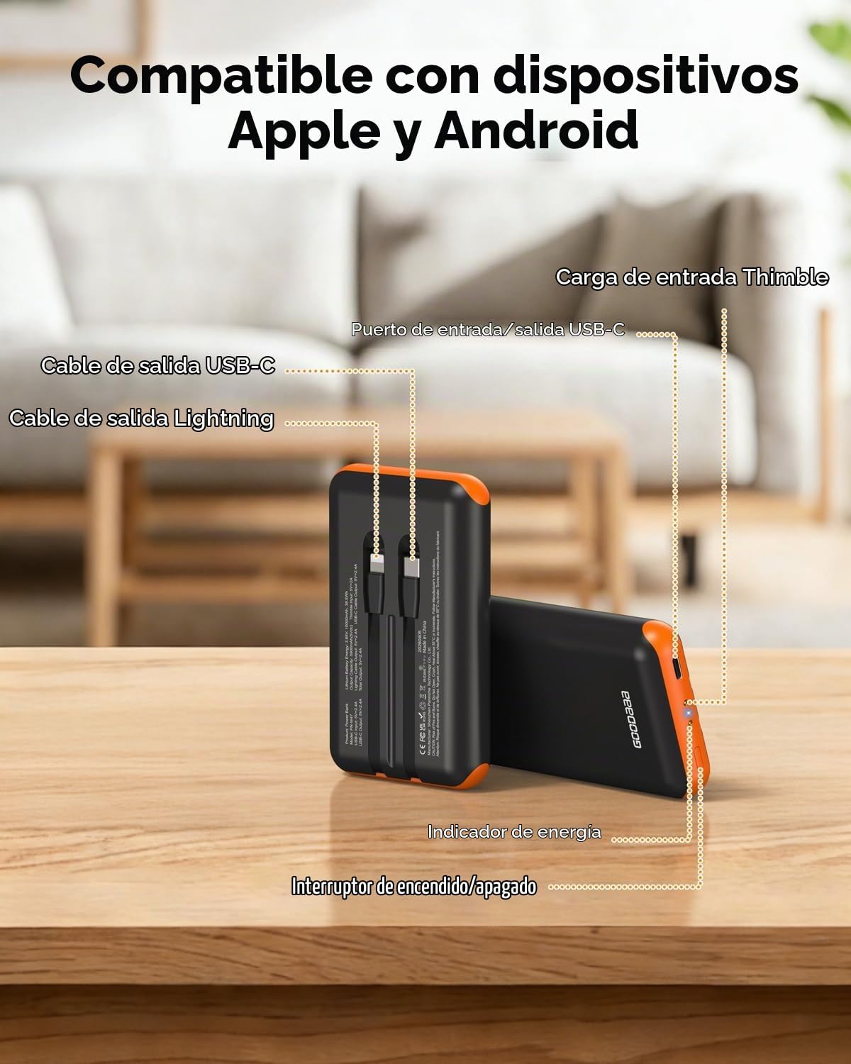 GOODaaa Cargador portátil, banco de energía de 10000 mAh, cables in...