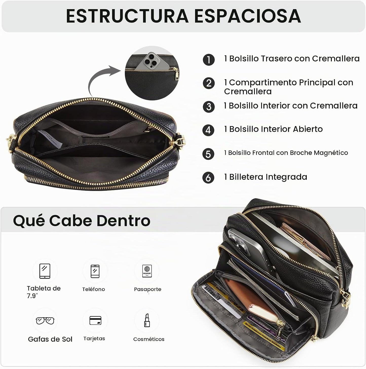 Kattee Bolso cruzado de cuero para mujer, pequeño, antirrobo, con c...
