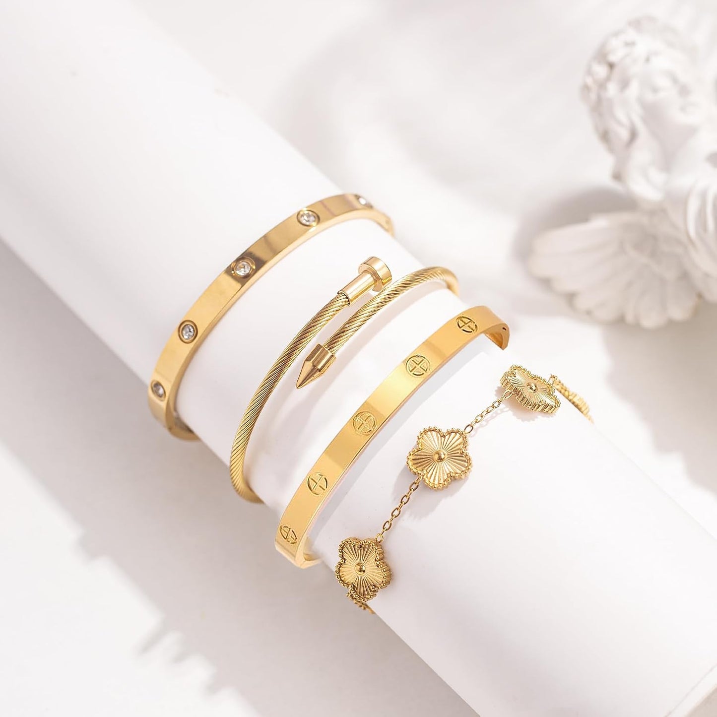 Ntutrxk Pulseras de oro para mujer - 4 piezas\/3 piezas, juego de p...