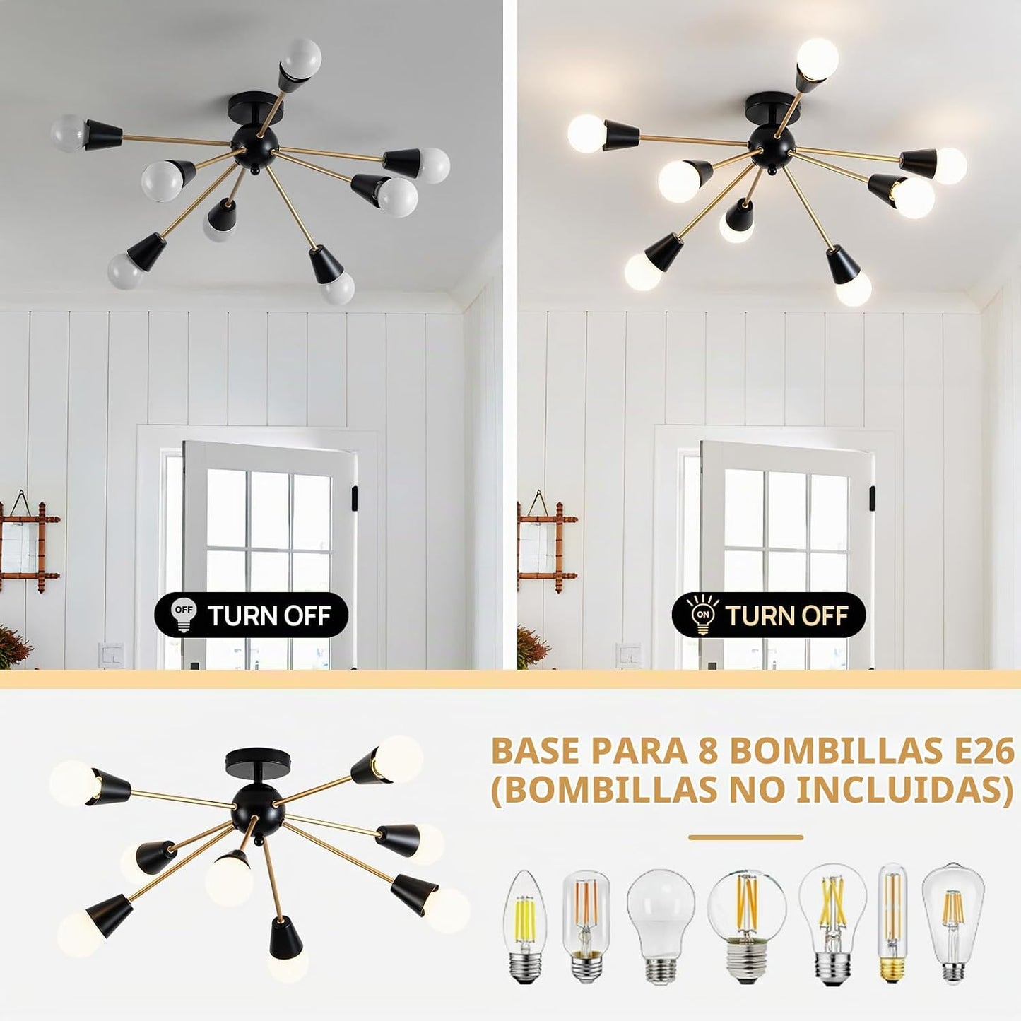 Candelabro Sputnik moderno, 8 luces de techo negras y doradas | Fác...