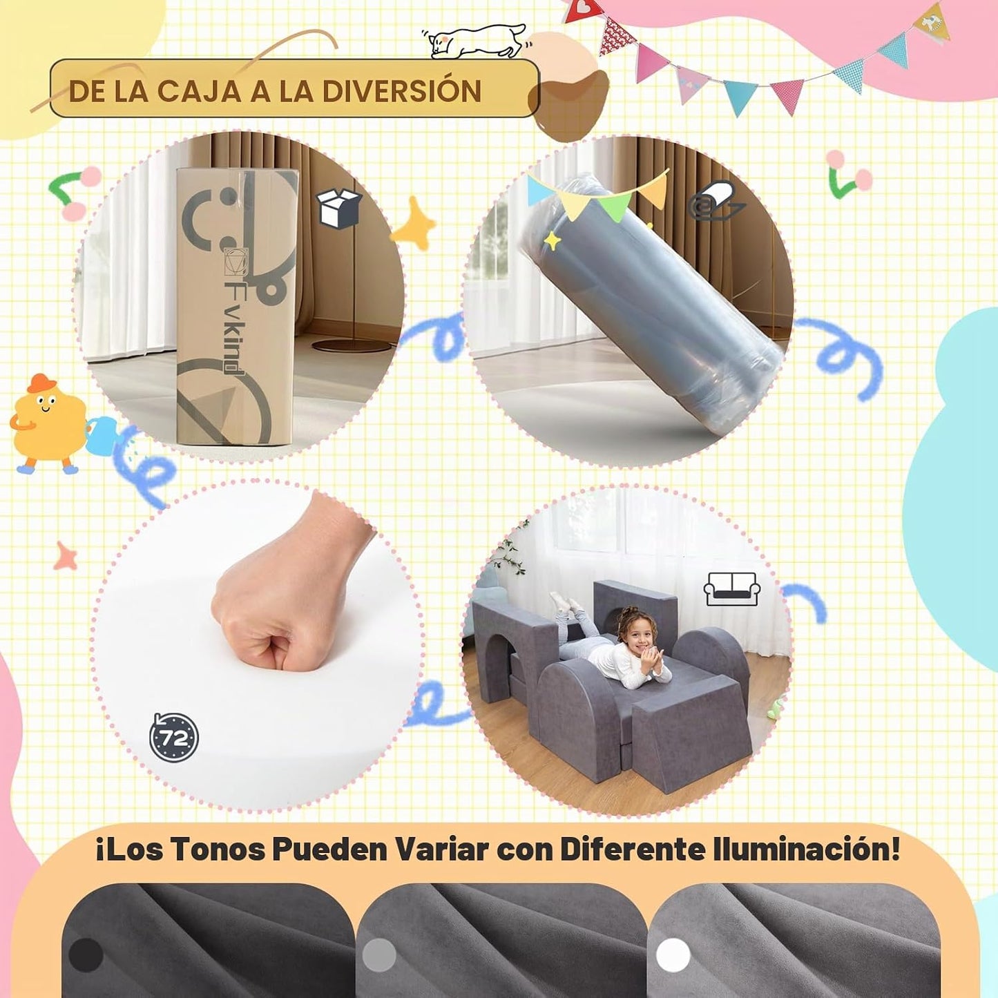 Fvkind Sofá modular de juegos para niños, 10 piezas para niños pequ...
