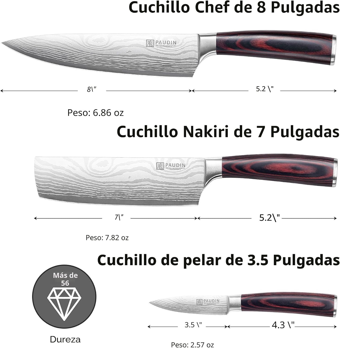 PAUDIN Juego de cuchillos de cocina, 3 piezas de acero inoxidable d...