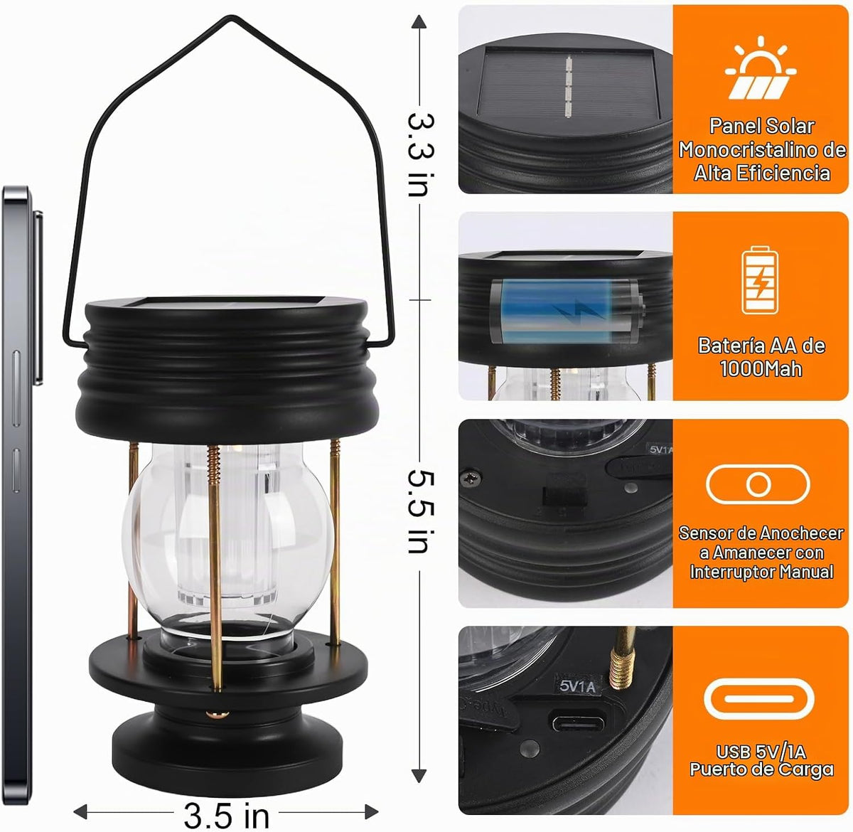 Linternas solares, doble carga solar y USB, luces colgantes y de ca...