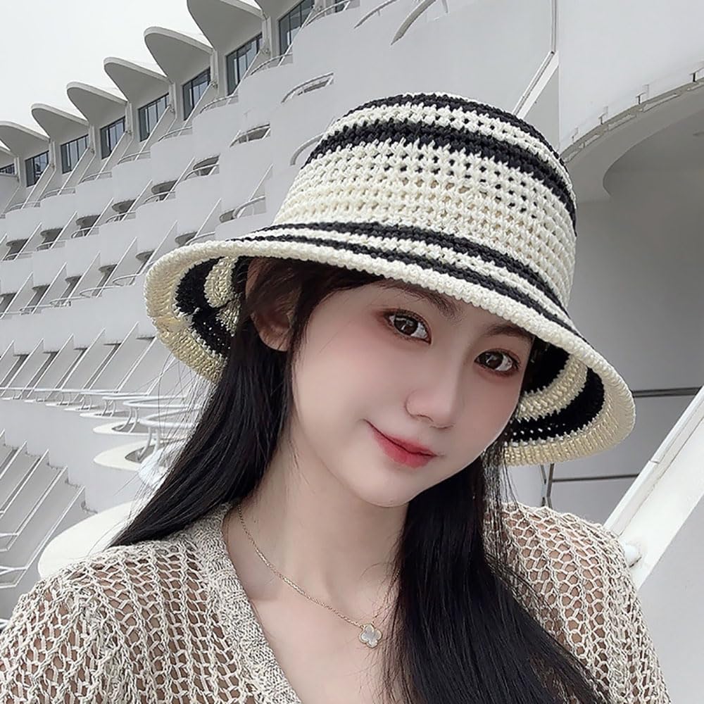 Sombrero de paja de verano para mujer, protección solar a rayas par...