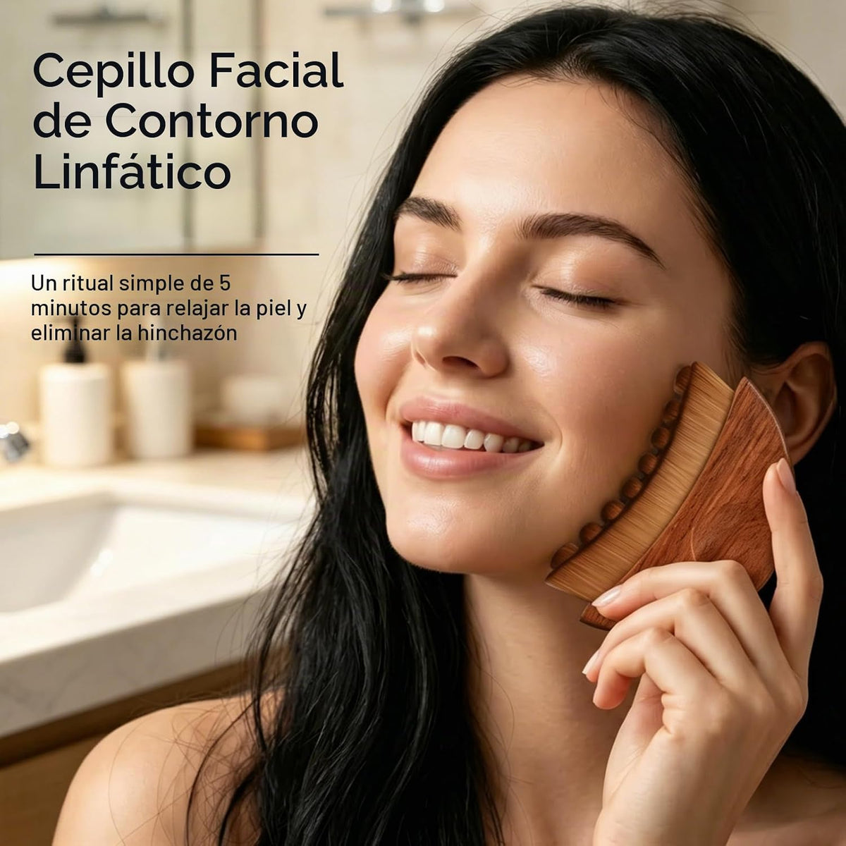 Cepillo facial de contorno linfático con mango de madera, 100% acer...