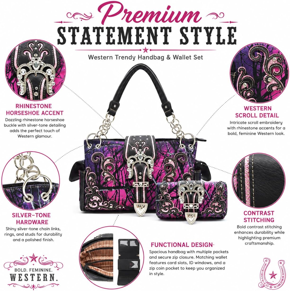 Bolso estilo occidental con hebilla de corona camuflaje, brillo flo...